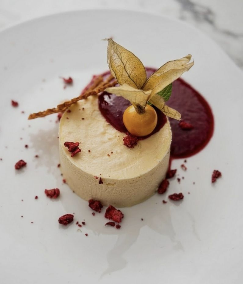 Panna cotta with raspberry and physalis